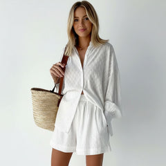 Textured Button-Up Shirt & Elastic Waist Shorts Co-Ord Set for Women
