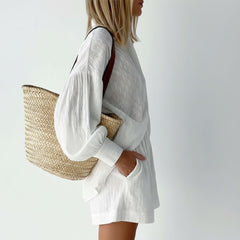 Textured Button-Up Shirt & Elastic Waist Shorts Co-Ord Set for Women
