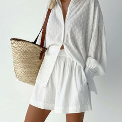 Textured Button-Up Shirt & Elastic Waist Shorts Co-Ord Set for Women