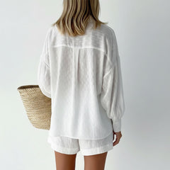 Textured Button-Up Shirt & Elastic Waist Shorts Co-Ord Set for Women
