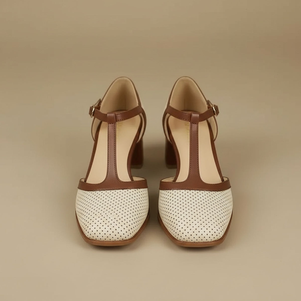 Perforated T-Bar Block Heel Shoes for Women