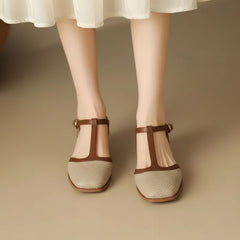 Perforated T-Bar Block Heel Shoes for Women