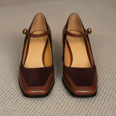 Two-Tone Mary Jane Block Heel Shoes for Women