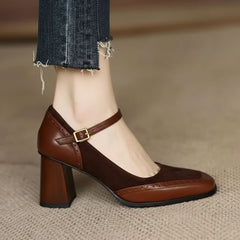 Two-Tone Mary Jane Block Heel Shoes for Women