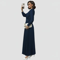 Long Sleeve Belted Pleated Maxi Dress for Women
